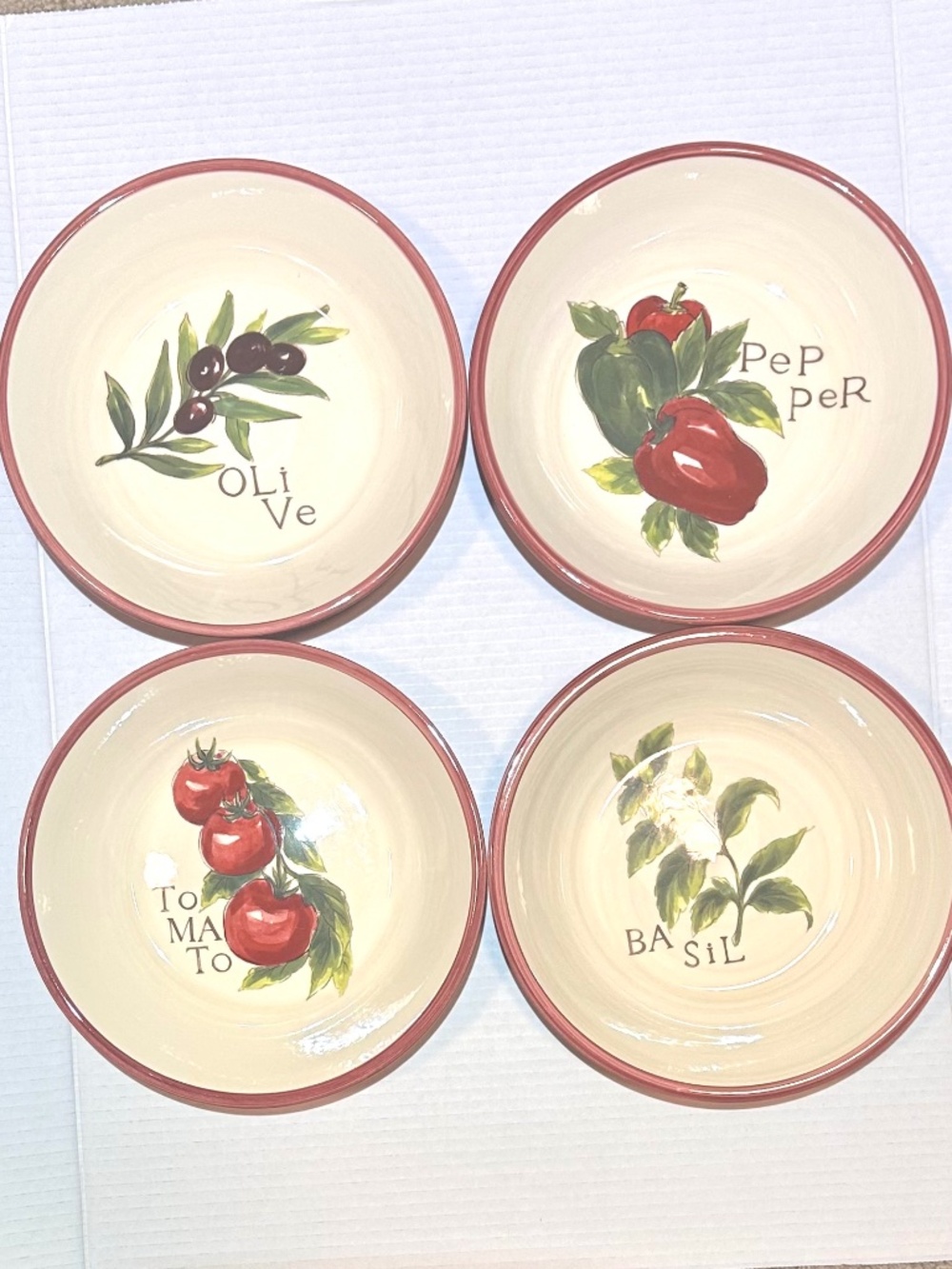 Williams Sonoma Set of Four 9” Pasta Bowls Tomatoes Basil Olive Peppers RARE